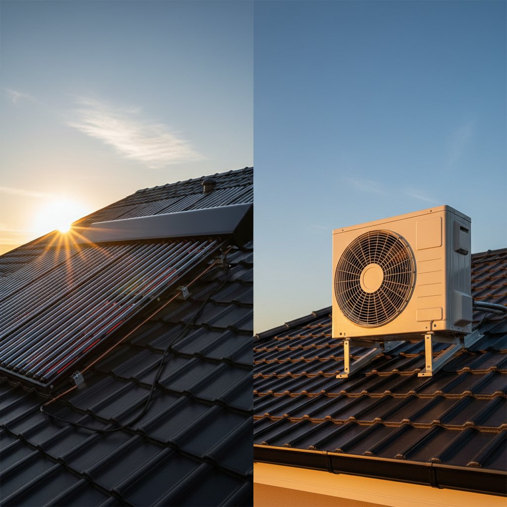 Solar water heater panels installed on Singapore residential roof compared with electric heat pump unit